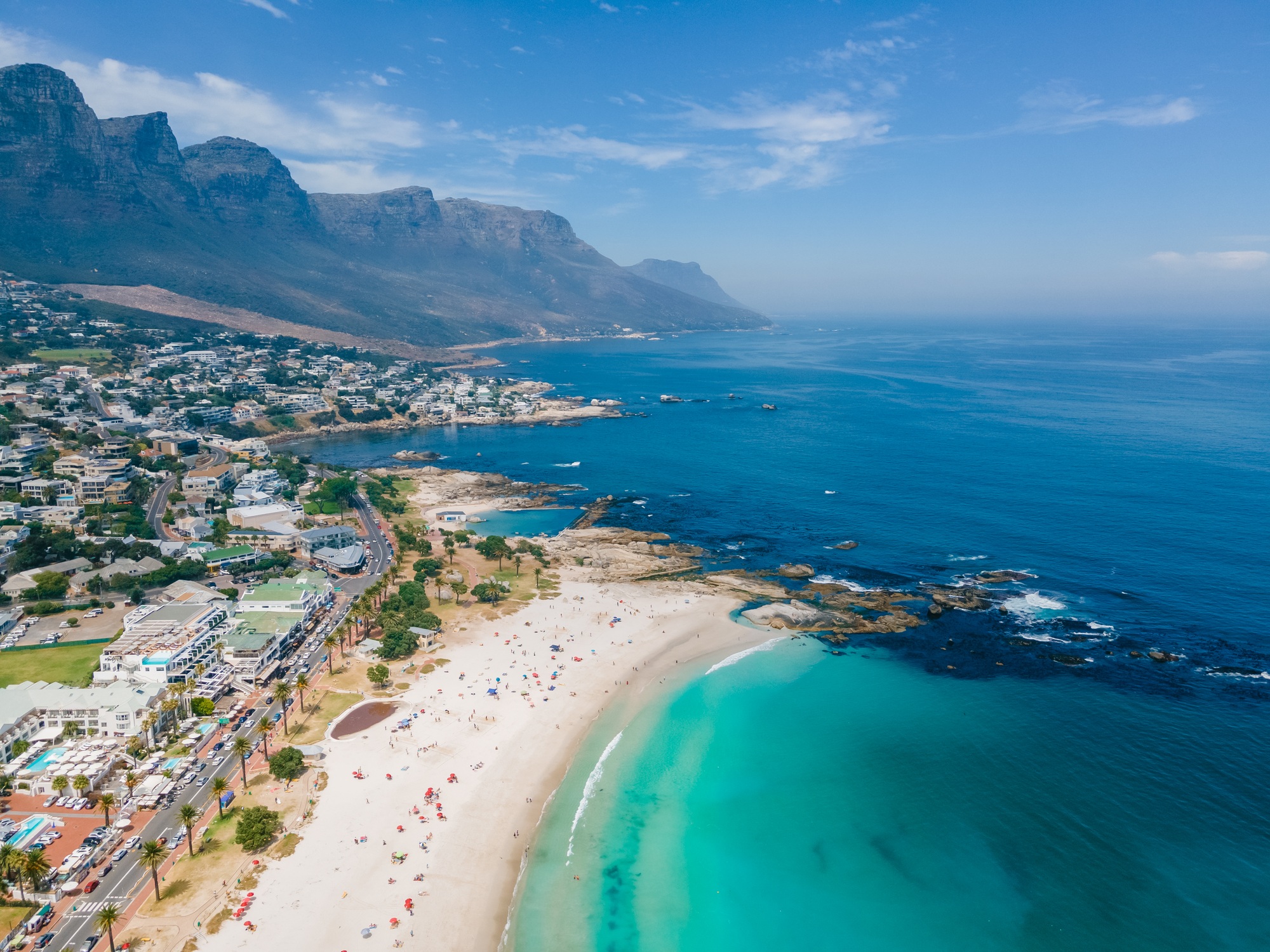 Camps Bay Cape Town , Camps Bay beach drone aerial view during summer in Cape Town Sout Africa