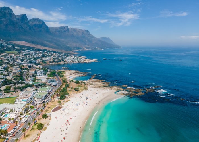 Camps Bay Cape Town , Camps Bay beach drone aerial view during summer in Cape Town Sout Africa