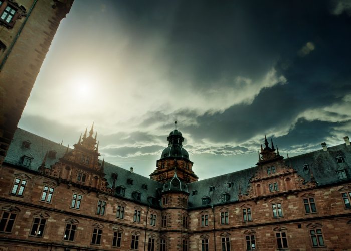 Low-angle shot of Johannesburg Castle with a dramatic sky in the background, Aschaffenburg, Germany